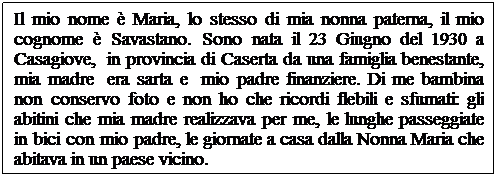 Casella di testo: Il mio nome  Maria, lo stesso di mia nonna paterna, il mio cognome  Savastano. Sono nata il 23 Giugno del 1930 a Casagiove,  in provincia di Caserta da una famiglia benestante, mia madre  era sarta e  mio padre finanziere. Di me bambina non conservo foto e non ho che ricordi flebili e sfumati: gli abitini che mia madre realizzava per me, le lunghe passeggiate in bici con mio padre, le giornate a casa dalla Nonna Maria che abitava in un paese vicino. 
 
